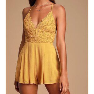 Lulus Star Spangled Mustard Yellow Backless Lace Romper NWOT Size Medium Boho